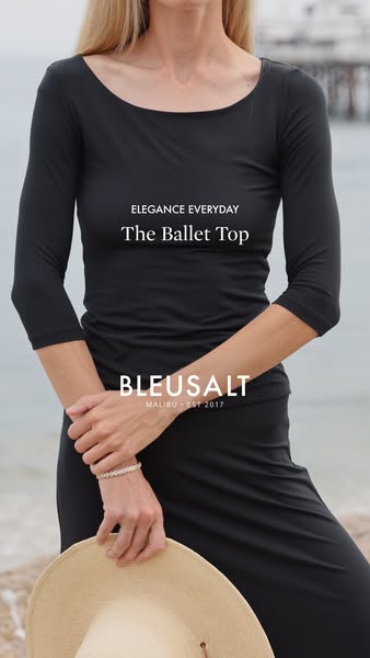 An ad for a black ballet top from BLEUSALT features a slender woman in the top, a matching skirt, and a straw hat, posed