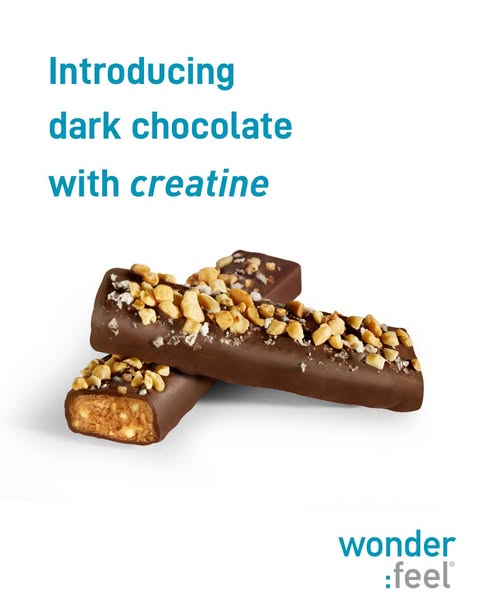 Ad for Wonderfeel dark chocolate with creatine. The ad features a close up shot of two dark chocolate bars with chopped 