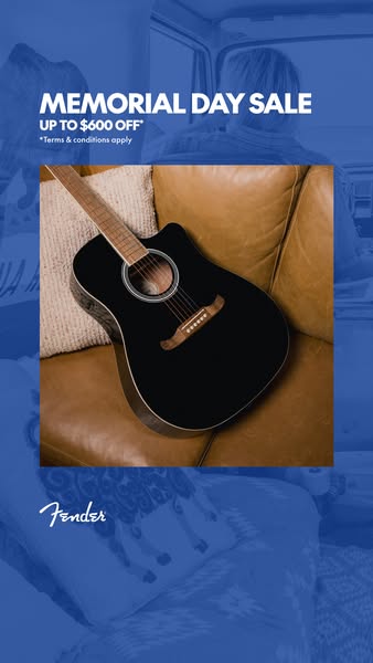 This Story ad promotes a Memorial Day Sale on Fender guitars and equipment. It emphasizes the potential savings of up to