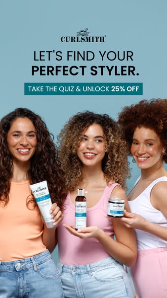 This image ad for Curlsmith features three smiling women holding Curlsmith styling products. A quiz is promoted for the 