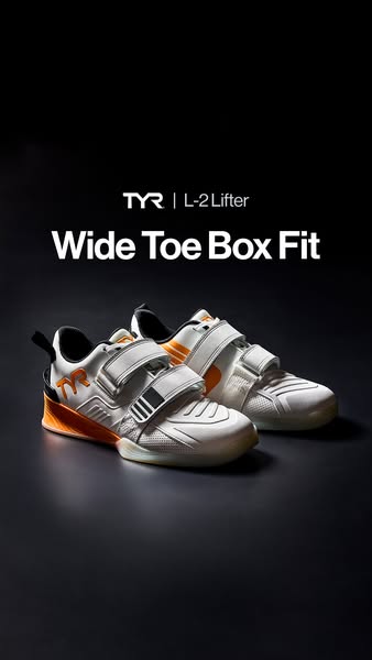 This image ad for TYR's L-2 Lifter weightlifting shoes highlights the product's wide toe box fit. The shoes are 