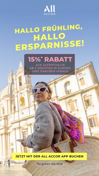This ad is promoting a 15% discount on stays of 2 nights or more in Europe, encouraging users to book using the All Acco