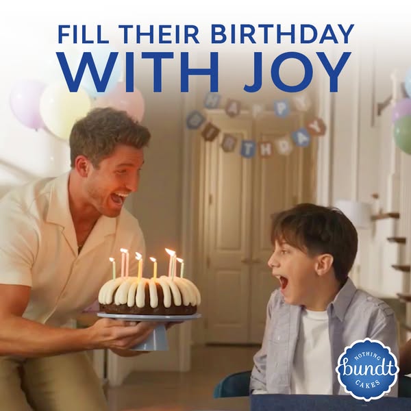 This image ad captures a heartwarming moment: a man presenting a Nothing Bundt Cakes cake to a child, presumably on thei