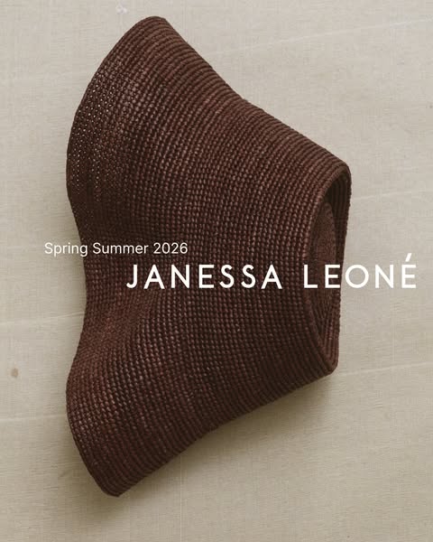 This ad for Janessa Leoné features a close-up of a brown woven hat against a light tan backdrop, highlighting the crafts