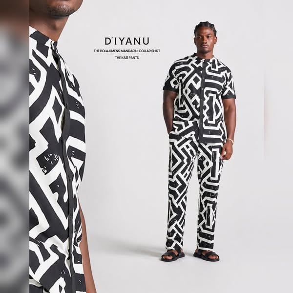 This ad features a Black male model wearing a black and white patterned two piece shirt and pants outfit. The shot inclu