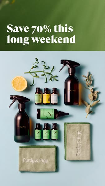This ad by Purdy & Figg promotes a 70% off sale for a long weekend, showcasing a collection of their cleaning produc