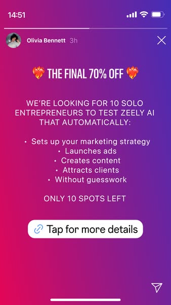 This ad is for Zeely AI, which is offering a 70% discount to the first 10 solo entrepreneurs who test the product. Zeely
