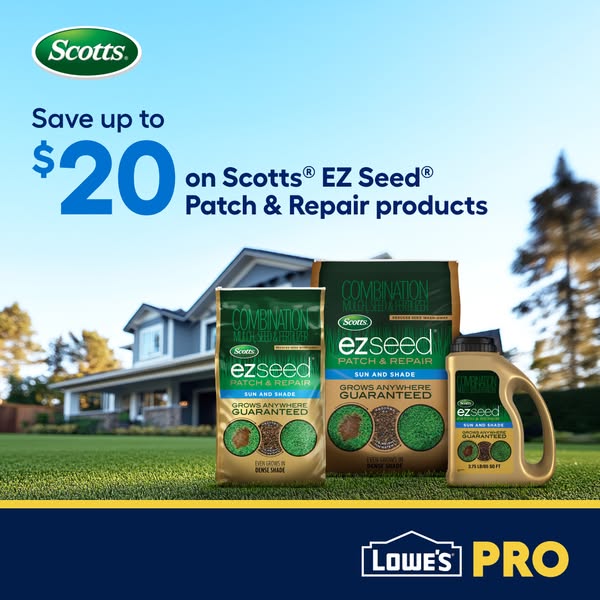 A landscape-style image promoting Scotts EZ Seed patch and repair products with a discount. The image displays various p