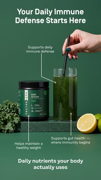 This ad for FactorForm Daily Greens highlights the nutrients of the product. It notes benefits such as supports daily im