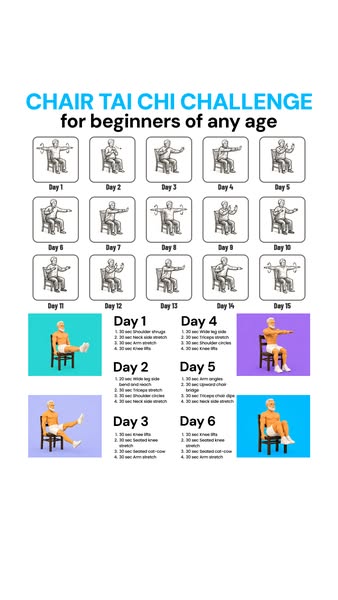 This ad promotes a chair tai chi challenge for beginners of all ages. It presents a 15-day plan with thumbnail images of