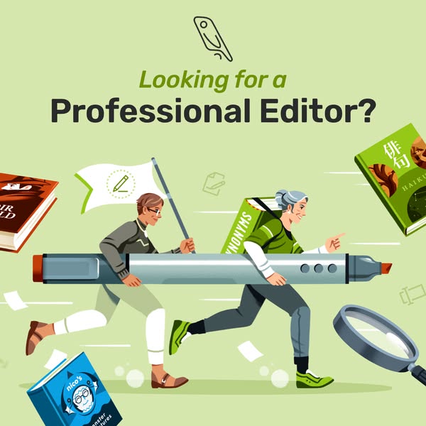 This image ad promotes a professional editing service. It features an illustration of two people running with editing-re