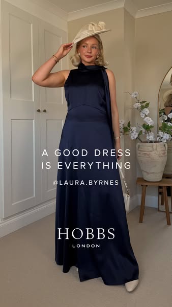 This image ad showcases a woman wearing a Hobbs London satin maxi dress, emphasizing the brand's name and the dress&