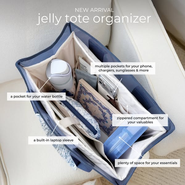 This ad highlights the features and benefits of the "jelly tote organizer", an accessory designed for organiza
