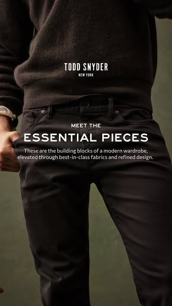 This image ad for Todd Snyder features an up-close shot of a man in a sweater and black pants, with the brand logo and t