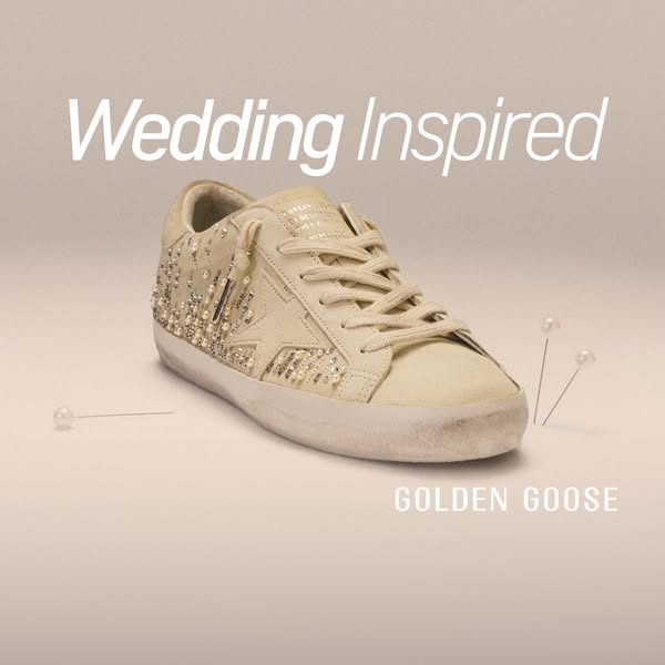 This ad features a Golden Goose sneaker with pearl-like embellishments. The theme is wedding-inspired, suggesting a non-