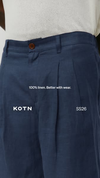 This ad promotes linen pants by emphasizing the material and how it will age over time. It includes a close-up of the pr