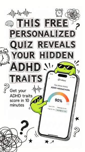 This is a static image ad for Inflow, promoting a free personalized quiz to reveal hidden ADHD traits. The ad features i