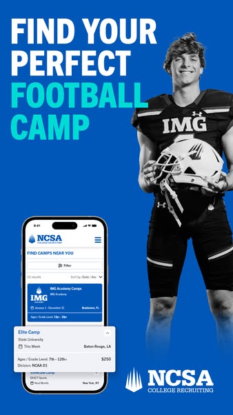 This ad is designed to promote the NCSA College Recruiting app as a tool for finding the perfect football camp. It featu