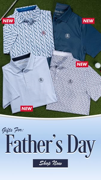 An advertisement for Father's Day gifts featuring an assortment of Barstool Sports golf shirts.