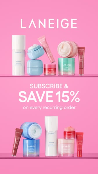 A bright pink ad promoting Laneige skincare. The ad is advertising the option to subscribe and save 15% on every recurri