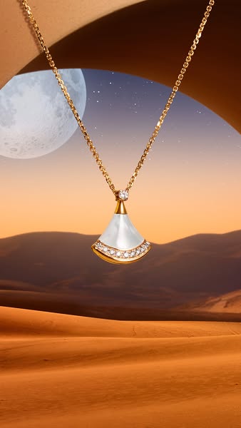 This ad showcases a gold and mother-of-pearl necklace from Bulgari, set against a desert landscape. The necklace, featur