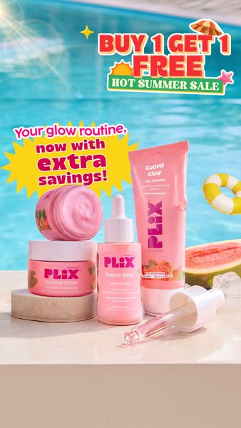 The ad features the Plix Guava Glow skincare line in an outdoor summer setting and promotes a limited time offer of buy 