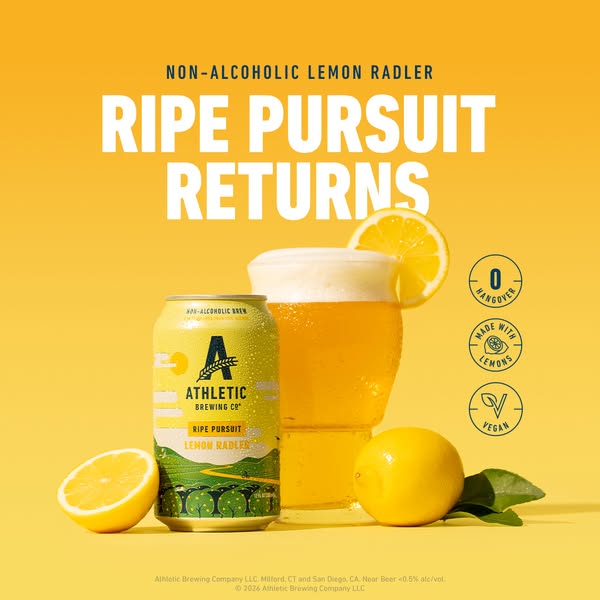 Ad showcasing Athletic Brewing's non-alcoholic Lemon Radler beer with callouts for 0 hangover, made with lemons and 