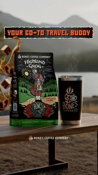 This ad features a bag of Bones Coffee Company's Highland Grog coffee next to a black tumbler. The ad is visually ap