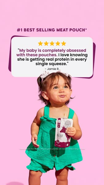An ad for Serenity Kids meat pouches features a young girl holding the product against a pink background. The ad highlig