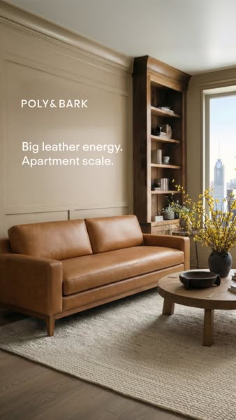This ad for Poly & Bark features an image of a leather sofa in an upscale apartment setting. It suggests a feeling o