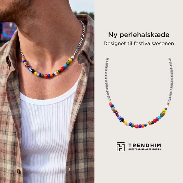 An ad featuring the Trendhim bead necklace designed for the festival season. The ad shows the necklace being worn in a l