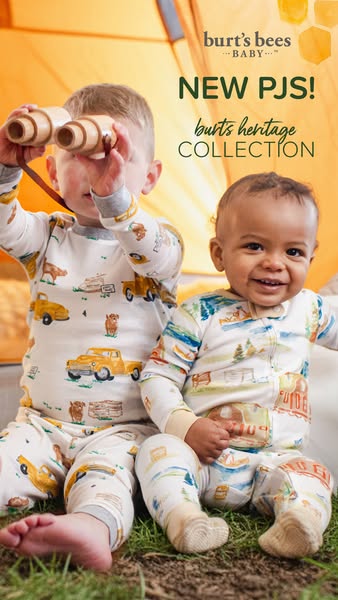 This is an image ad from Burt's Bees Baby featuring two children modeling Burt's Bees pajamas. The ad showcases 