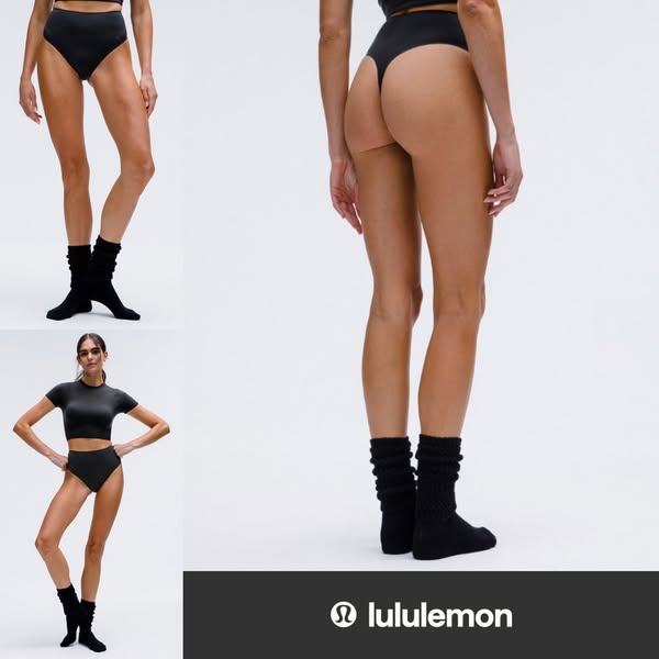 This ad is for Lululemon brand underwear. It features a model in a matching black top and high-waisted thong, as well as
