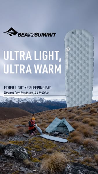 This image ad showcases the Sea to Summit Ether Light XR sleeping pad, emphasizing its lightweight and warmth properties