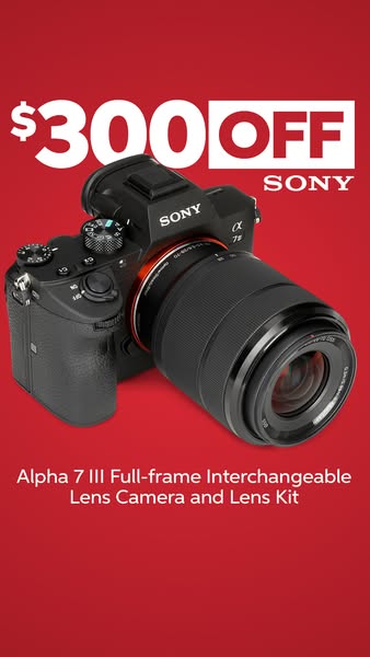 This ad features a Sony Alpha 7 III camera with a kit lens, highlighting a significant discount. The visual and text ele