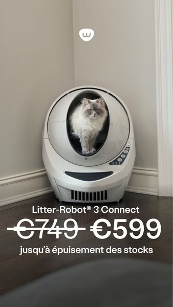 This ad features the Litter-Robot 3 Connect, a self-cleaning litter box, and highlights a limited-time price reduction t