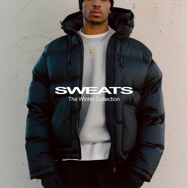 This ad promotes the Winter Collection of sweats, featuring a model wearing a black puffer jacket. The visuals and text 