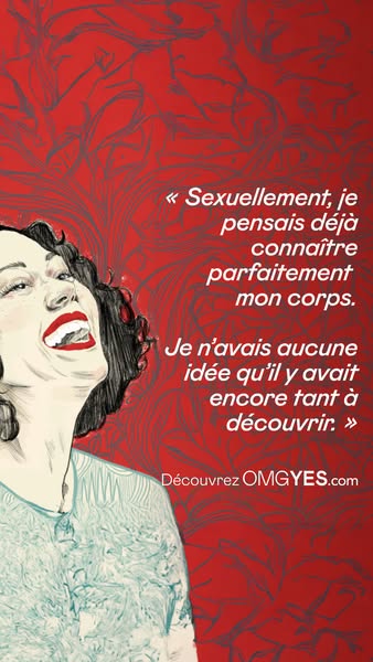 The ad features a quote from a customer about discovering new things about their body through OMGYes.com. It is displaye