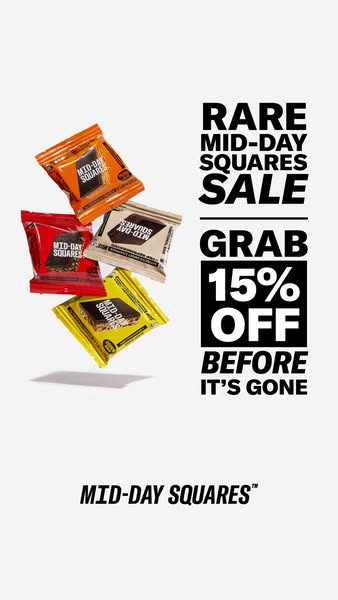 This image ad for Mid-Day Squares promotes a limited-time sale of 15% off. It features a stack of Mid-Day Squares packag