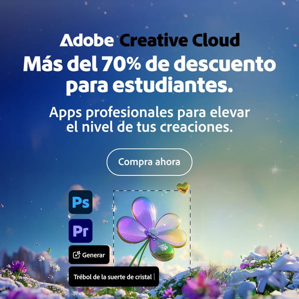 This ad promotes Adobe Creative Cloud with a special discount for students. It highlights the professional apps availabl