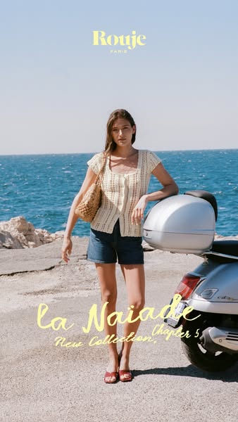 This ad promotes the brand Rouje and its new collection. It features an image of a woman wearing the brand's clothin