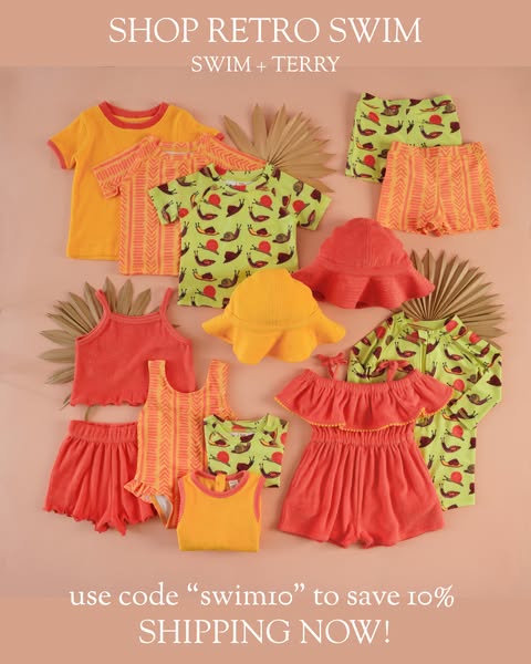 This image ad showcases a variety of children's swim and terry clothing. It promotes a 10% discount with a code and 