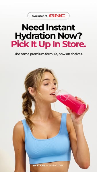 This image ad promotes Instant Hydration, a product available at GNC, designed to provide instant hydration and features