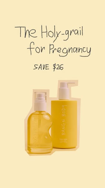 This image ad promotes Bangn Body products as a must-have solution for pregnancy-related skin issues, emphasizing saving