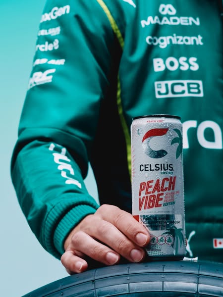 This image ad showcases Celsius energy drink, emphasizing its 'Peach Vibe' flavor and associating it with the hi
