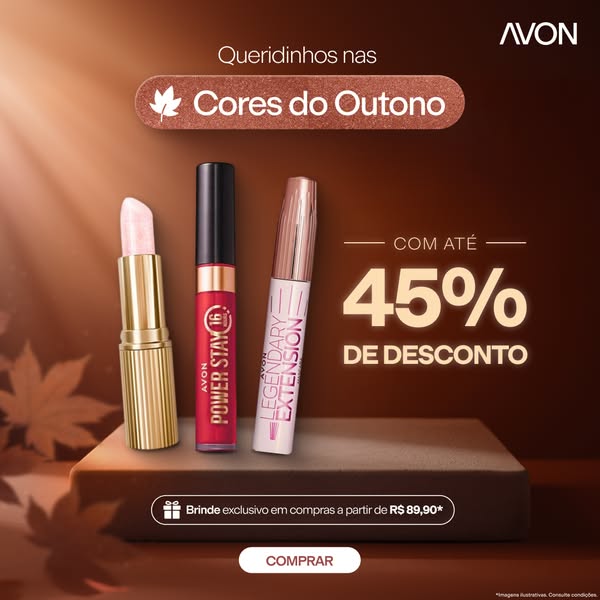 This ad from Avon promotes a sale of up to 45% off as well as a special gift with purchases over R$ 89.90. The ad featur