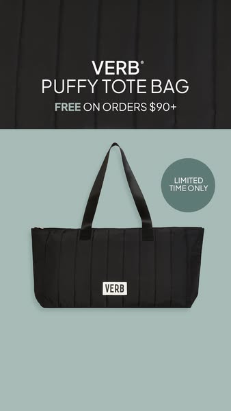 This image ad showcases a black puffy tote bag from VERB. The ad features the product against a gradient background and 