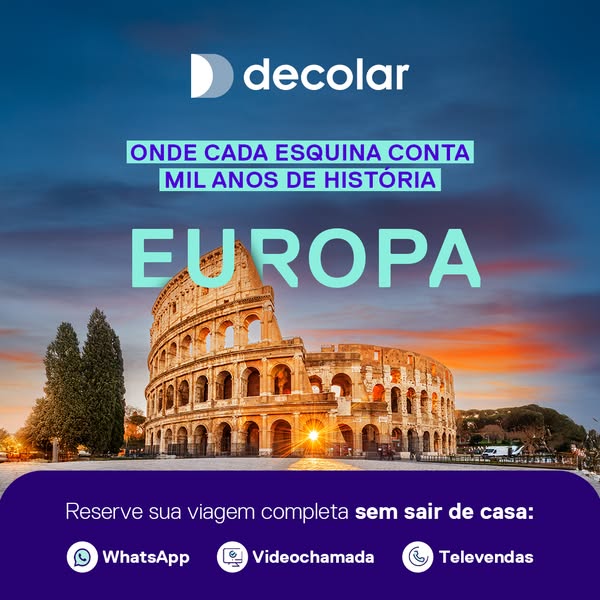 This image ad promotes Decolar travel packages for Europe. It showcases a photo of the Colosseum and invites customers t