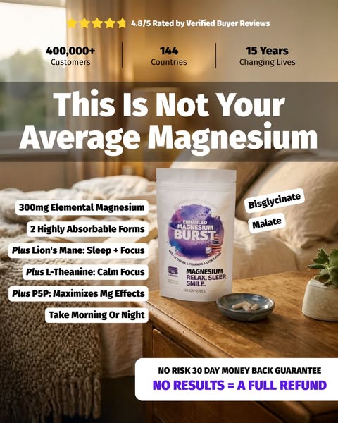 This image ad promotes a magnesium supplement, emphasizing its superior formulation and multiple benefits like improved 