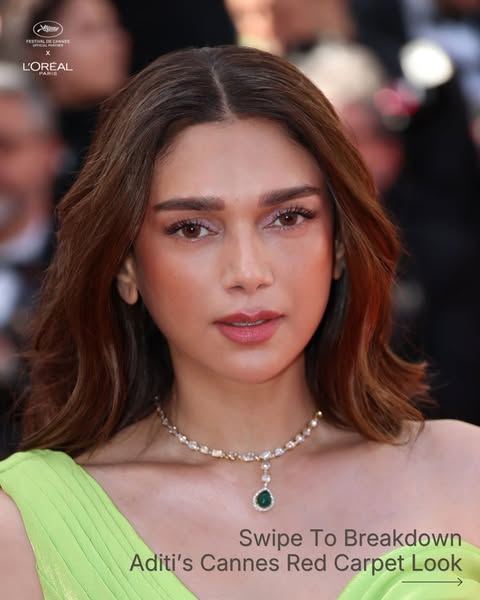 This image ad showcases Aditi Rao Hydari's Cannes Film Festival red carpet look, highlighting her makeup and overall
